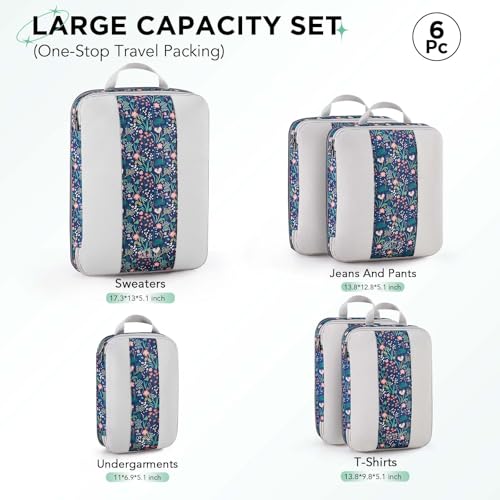 6 Set Compression Packing Cubes for Travel Essentials (Dark Blue Floral)
