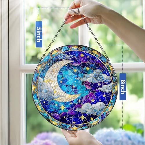 8 Inch Moon and Star Stained Glass Ornament (Night Sky)