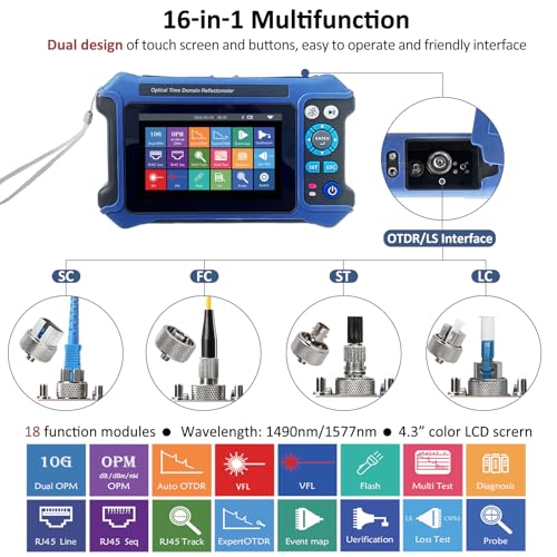 16-in-1 OTDR Fiber Optic Tester 1310/1550/1625nm, with Event Map, 10G PON OPM, VFL, OLS, RJ45 Cable Tracker, 80km Range Network Diagnosis Tool (Blue and White)