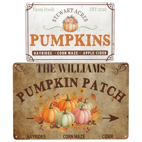Personalized Halloween Farm Fresh Pumpkin Metal Sign Fall Decor with Family Name Text Custom Pumpkin Patch Farm Signs for Fall Thanksgiving Garden Farmhouse Wall Decoration (Farm Sign)