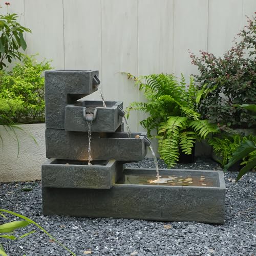 26" H Outdoor Water Fountain with 4 Tiers Cascading Rock Texture (49.5H / Deep Gray)