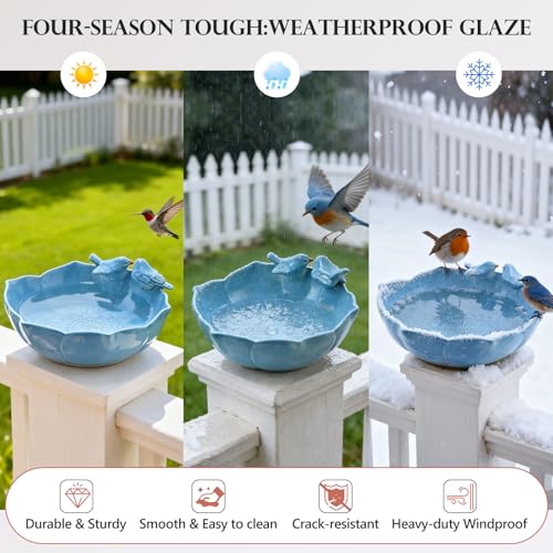 Glazed Ceramic Bird Bath Bowl Outdoor (Blue)