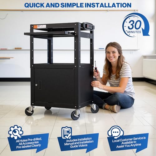 AV Cart Adjustable Height Rolling Computer Cart with Locking Cabinet (Large with Cabinet)