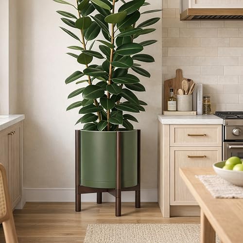 Plastic Pot with Walnut Wood Stand (Olive Pot + Walnut Color Stand / 14 Inch)