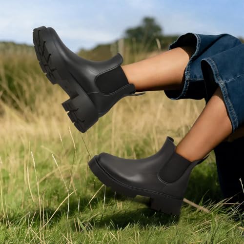Women's Ankle Rain Boots Waterproof Chelsea Boots (8.5 / Platform Black)