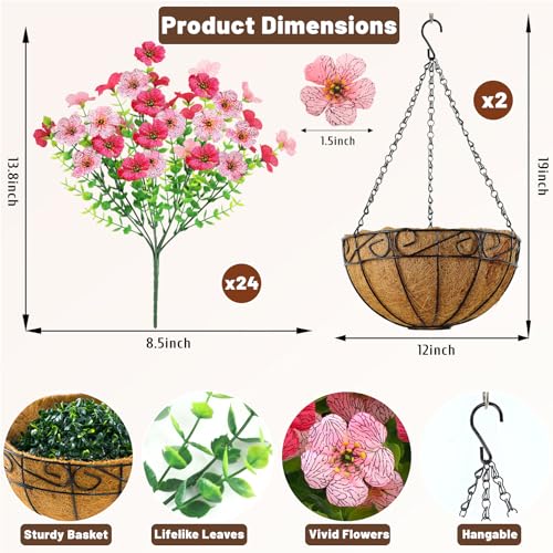 2 Set Artfiticial Hanging Flowers with Basket & Foam Outdoor (Pink Rose Red / 2 Pcs)