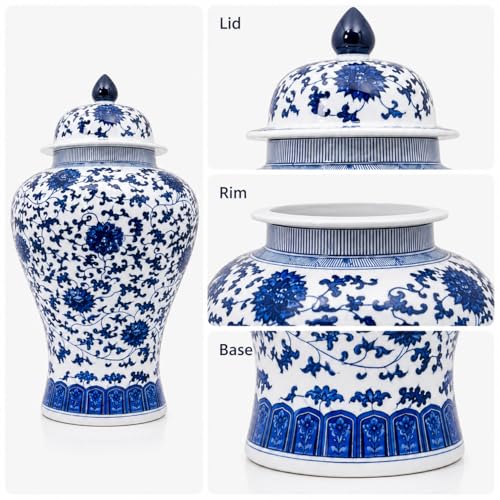 24" Blue and White Floral Porcelain Ginger Jar with Lid (Floral)