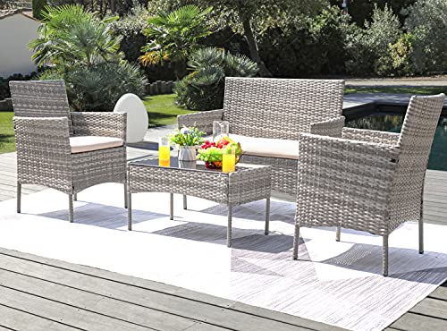 Patio Furniture 4 Pieces Conversation Sets (Gray and Beige)