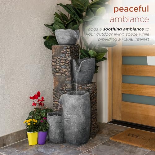 HIM562 Outdoor 4 Tier Stone Bowl Fountain with LED Lights for Garden (Stone Bowl)