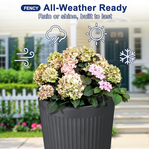 Self Watering Tall Planters Set of 2 (Black-round Ribbed)