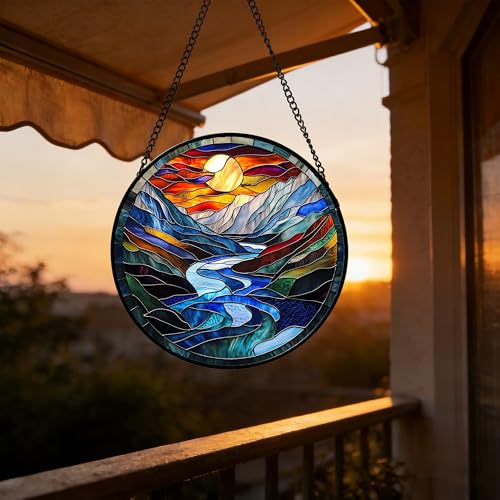 Stained Glass Window Hanging River Scenery Suncatcher Gifts for Women 12"