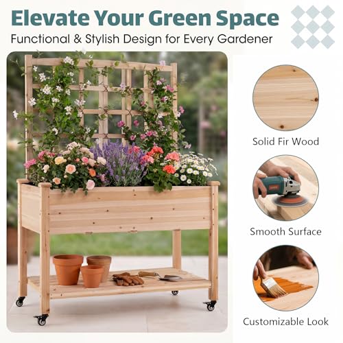 65'' Wooden Raised Garden Bed with Trellis & Legs (47” x 23” x 65”)
