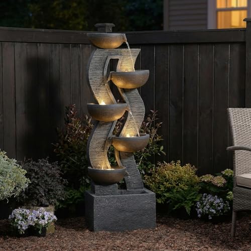 52.8 Tall Modern Curved Garden Water Fountain Outdoor (Gray-52.8)