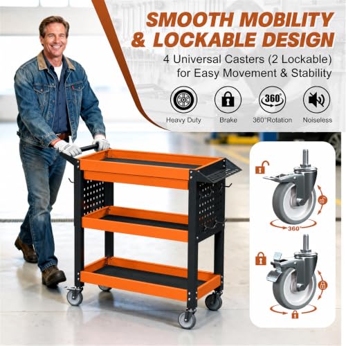 3 Tier Heavy Duty Metal Rolling Tool Cart with Drawers (Orange With Drawers)