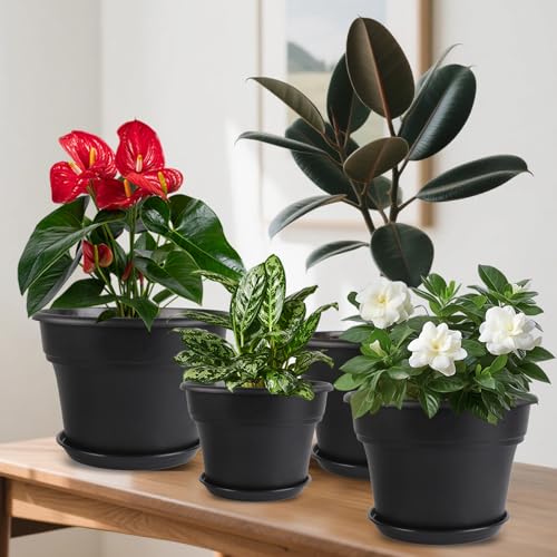 16-inch-Plant-Pots, 4 Pack Large Planters for Outdoor Plants, Plastic Flower Pots Indoor with Drainage Holes & Trays, Classic Garden Pot Container for House (4 Count)