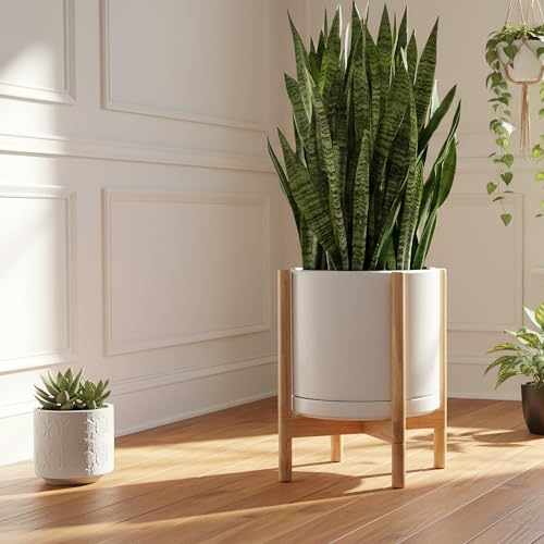 Ceramic Pot with Natural Wood Stand (14 Inch / White Pot + Natural Stand)