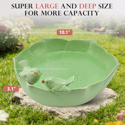 Glazed Ceramic Bird Bath Bowl for Outdoor Ground (Light Green)