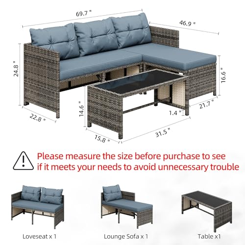 3 Pieces Outdoor Patio Furniture Sets (Blue-gray)