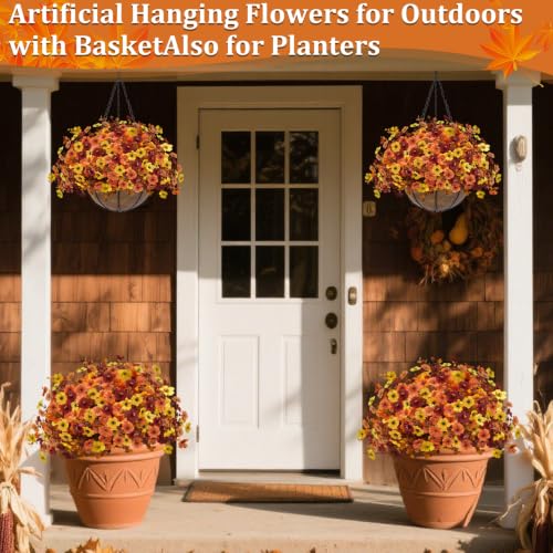 2 Sets Artificial Fall Mums Hanging Flowers Plants Baskets (Orange, Yellow, Red)