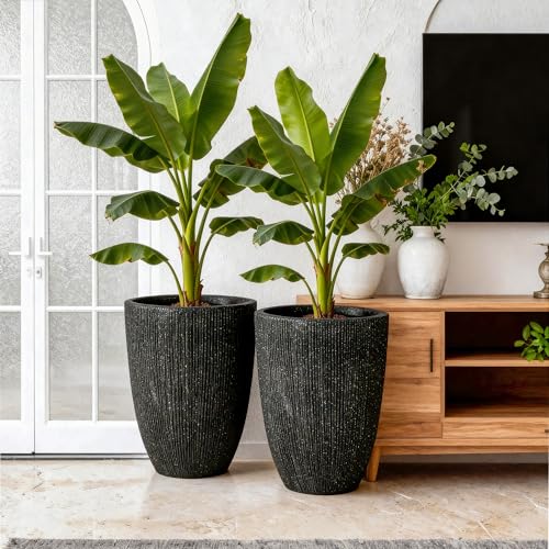 2 Pack 19" Black Resin Tall Round Planters with Fluted Texture (19"h-black Fluted)