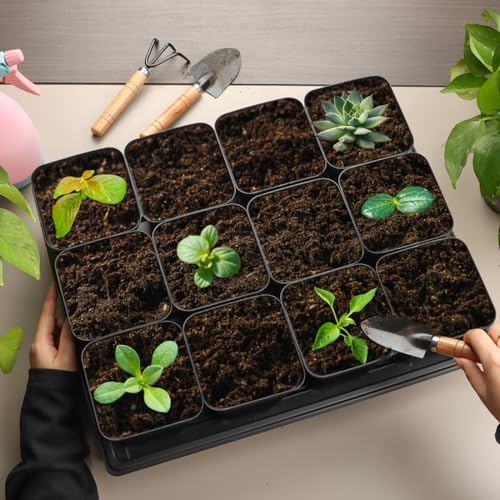 4 inch (10CM) Square Nursery Pots 120pcs, Sturdy Seedlings Trays 10 Pcs, Seeds Starter Germination Tray, Microgreening Planter Nursery Propagation 10 Sets (4" Pots-120P + 16.2" x 13.2" x 2.6" Trays-10P)