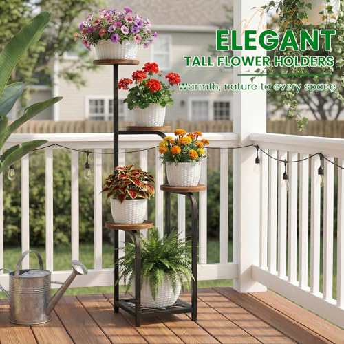 Tall 5 Tier Corner Plant Stand Indoor (Wood + Black / 5-Tier Square Base)