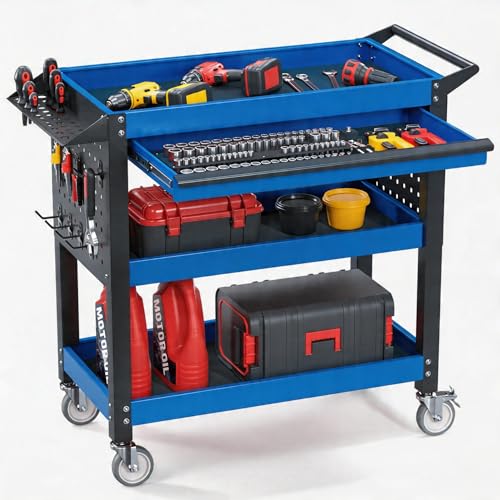 3 Tier Heavy Duty Metal Rolling Tool Cart with Drawers (Blue Black With Drawers)