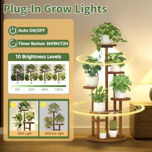 Wood Small Plant Stand Table Indoor Tall with Lights (Natural Brown with Light / 5 Tier)