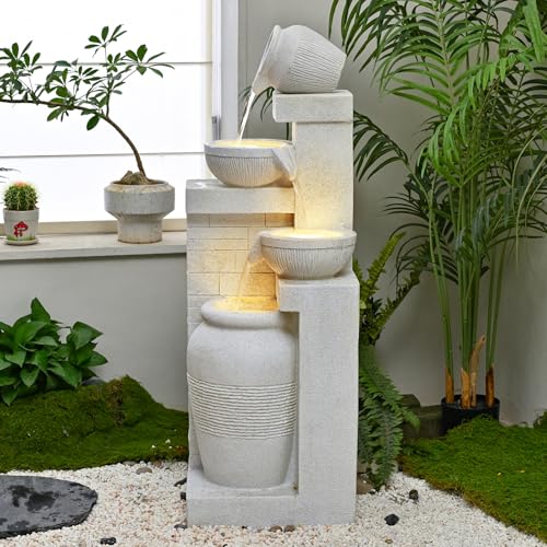 42.52" Outdoor Water Fountain with Lights (Beige 42.5in)