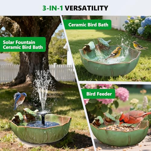 Solar Powered Ceramic Bird Bath for Outdoors (Green and Black)