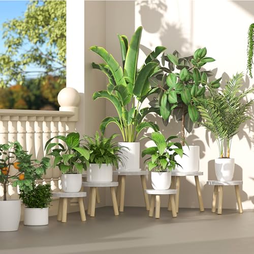 3 Pack Wood Plant Stands Indoor (White Tray with Wood Color Legs / 3 Pack)