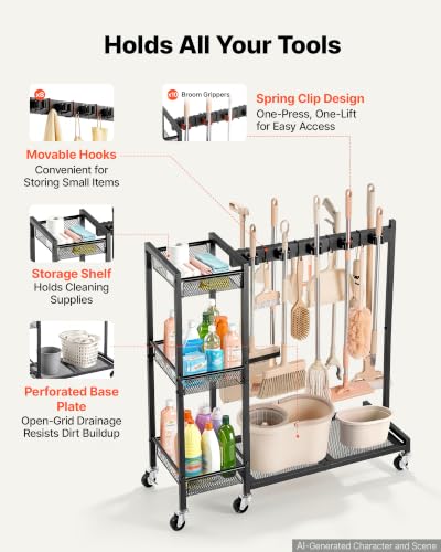 Broom Holder with Cleaning Supplies Organizer (Medium)