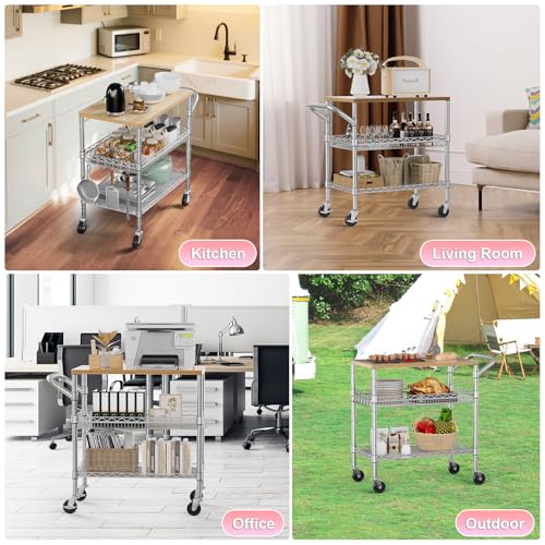3 Tier Rolling Kitchen Carts with Wheels (Light Wood+metal-3 Tier)