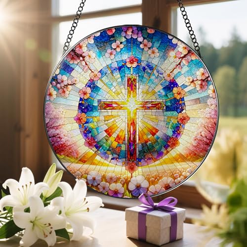 8 Inches Cross Stained Glass Suncatcher (Cross-b)