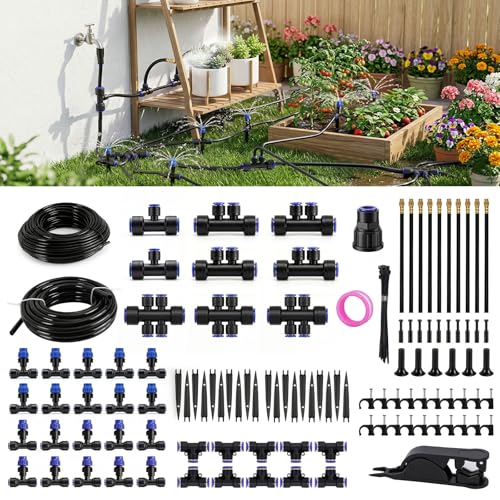 Drip Irrigation System 130FT with 10 Bendable Nozzles (30 ft hose (1/2 in OD）+100 ft hose (1/4 in OD）)