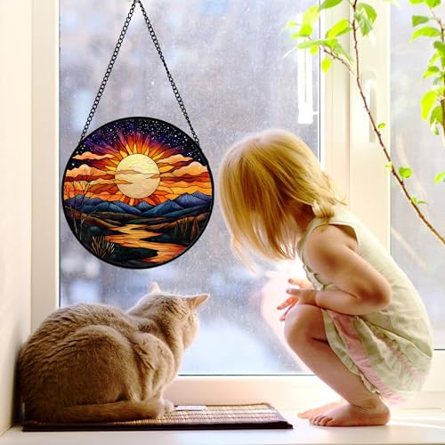 Sunburst Mountain River Stained Glass Window Hanging Suncatcher Gifts 9.8"