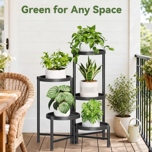 Plant Stand Indoor Outdoor with Large 10 Inch Plastic Tray (Classic Black with Large Tray / 5 Tier)