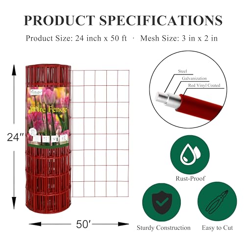 Red PVC Coated Welded Wire Fence 24" x 50' Roll (Red / 2''x3'' 16GA 24''x50')