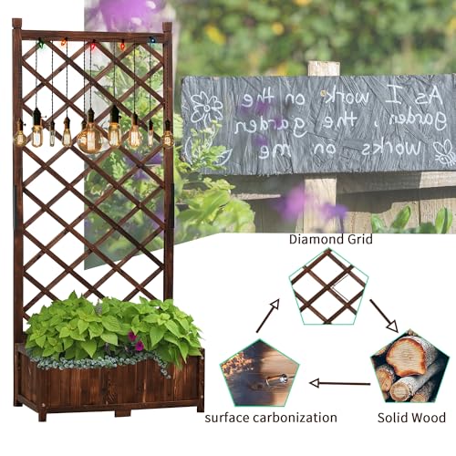 Raised Garden Bed with Trellis Wooden Flower Standing Planter Box Outdoor Wood Lattice Panels Privacy Screen for Climbing Plant Planting Patio Tomato Vegetable Herb Balcony Porch 67" H
