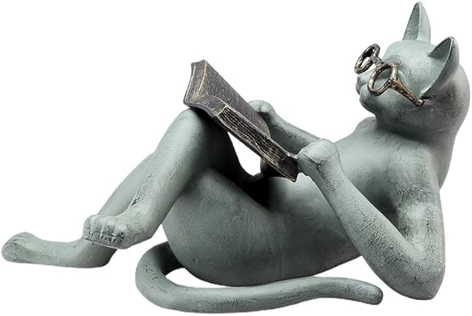 Cat Statues - Garden Decor Reading Cat Craft Wearing Glasses Sculpture, 18X8X5CM