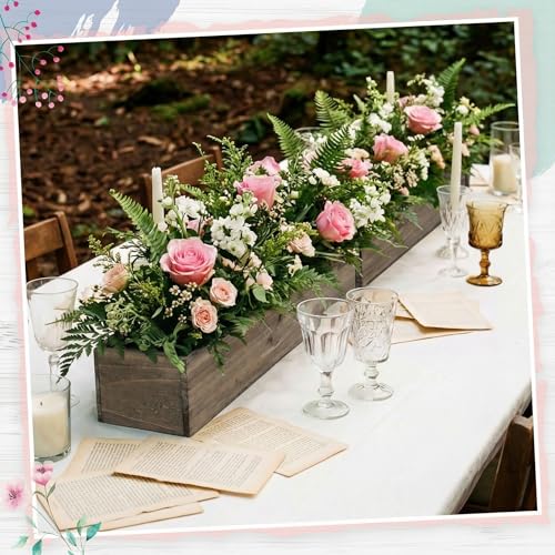 2 Set Wood Boxes for Centerpieces 28x5 Inch Rectangle Wooden Planter Box Rustic Wooden Planters with Removable Plastic Liner Floral Foam Blocks for Christmas Wedding Home Garden Decor (28 x 5 Inch / Brown)