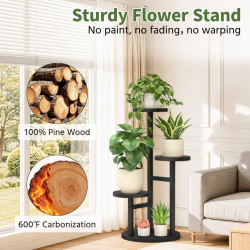 Wood Small Plant Stand Table Indoor Tall with Lights (Black with Light / 3 Tier)