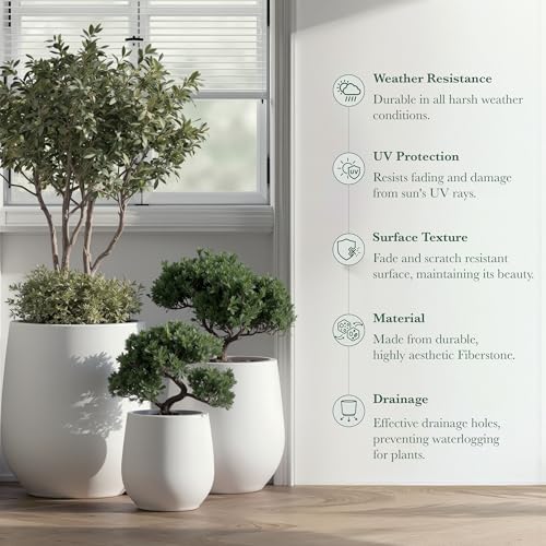 Premium Mt Wilson Tall Tapered Fiberstone Planter for Indoor Outdoor Use (White / 15'' D x 16.7'' H)