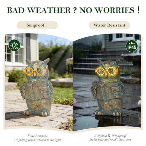Reading Owl Statue with Solar Glasses Garden Decor Gift for Women (Owl)
