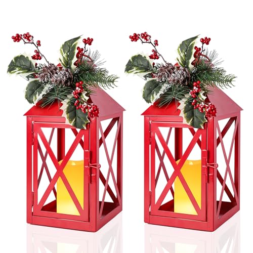 Christmas Lanterns 2 Pack 12'' Red Metal with Candle Holiday Decor