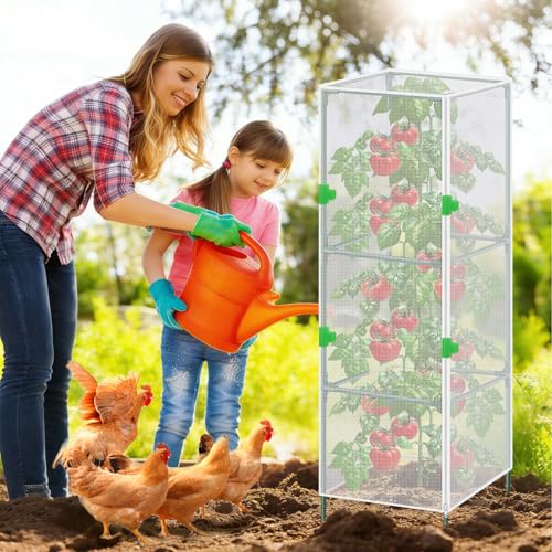 3Pack Garden Bird Netting Plant Cover for Square Tomato Cage (Netting Plant Cover-59"x17.7"-Transparent)