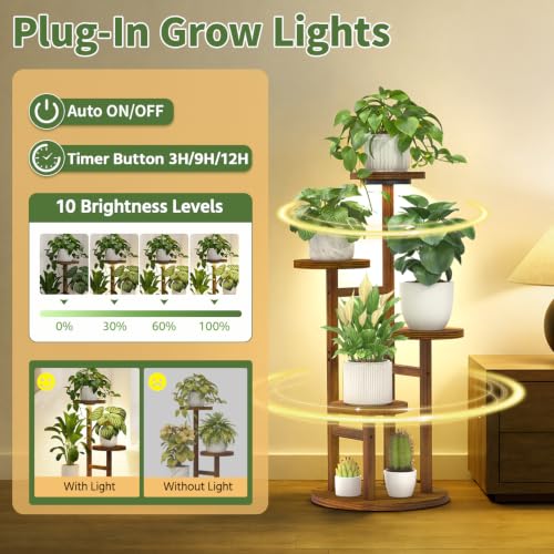 Wood Small Plant Stand Table Indoor Tall with Lights (Warm Brown with Light / 4 Tier)