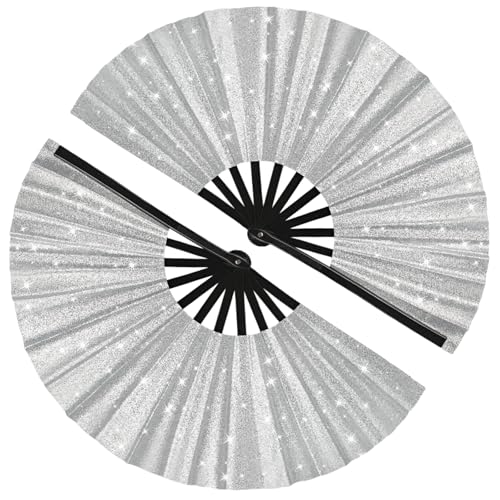 2 Pack Glitter Large Folding Hand Fans for Line Dancing (2 Silver)