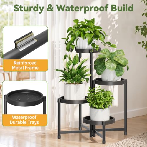Plant Stand Indoor Outdoor with Large 10 Inch Plastic Tray (Solid Black with Large Tray / 4 Tier)