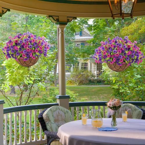 Artificial Fake Hanging Flowers with Basket for Outdoor Decor 12 Pcs UV Resistant Faux Silk Morning Glory Flowers Plants for Outdoor Outside Planters Home Porch Patio Balcony Spring Summer Décor (Dark Red&dark Violet)